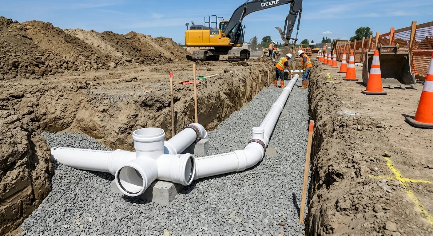 New PVC sewer pipe installation in open trench for Sewer Backup in Danbury
