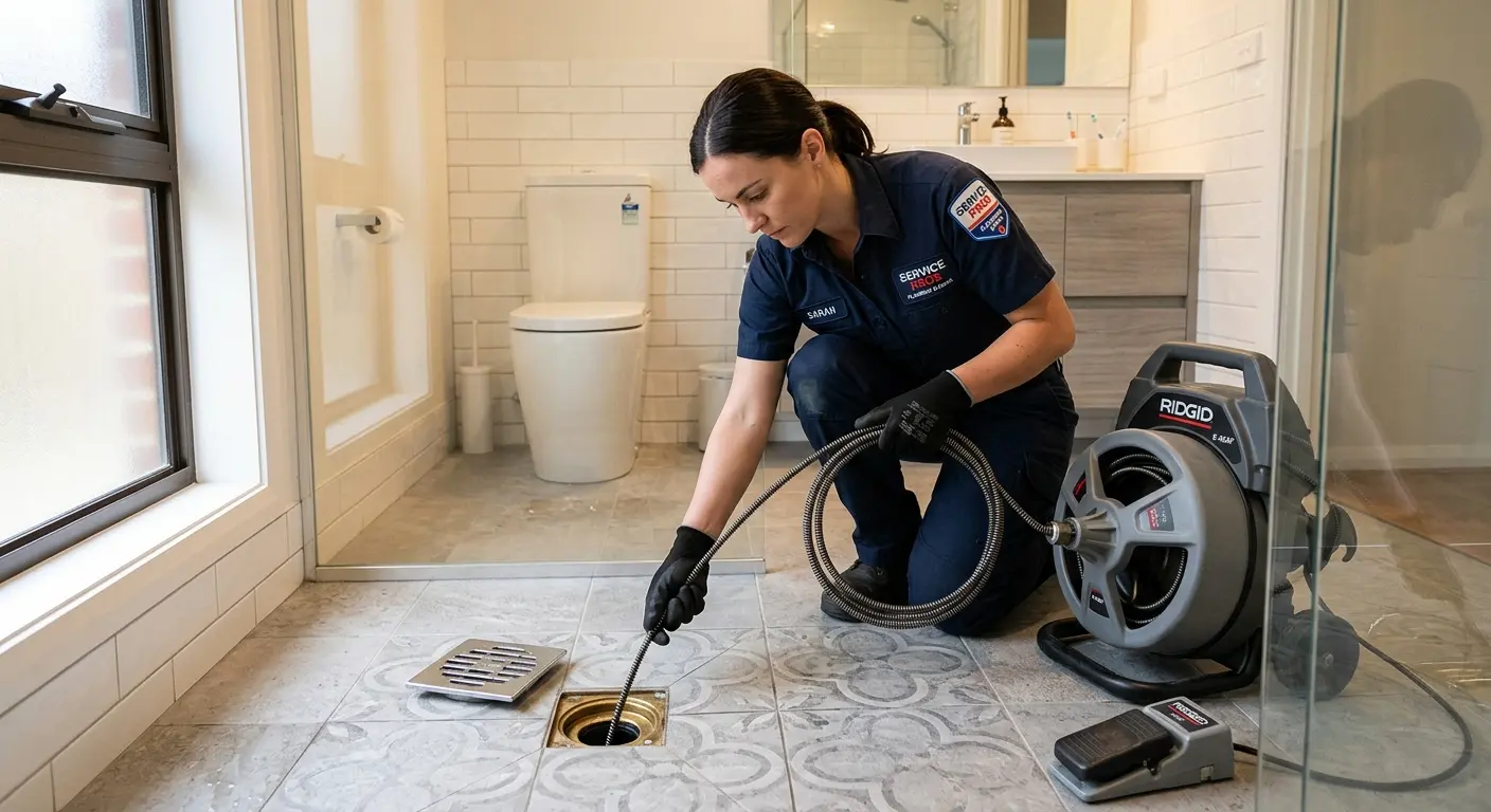 Technician clearing a bathroom floor drain for Sewer Line Replacement in Danbury